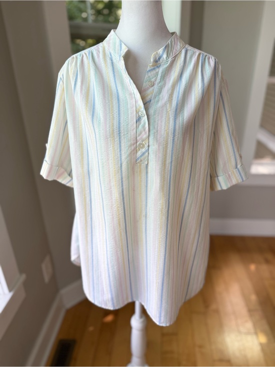 Vintage Tops - Vintage 80s 90s Pastel Pink White Blue Stripe Short Sleeve Blouse Sz 20W